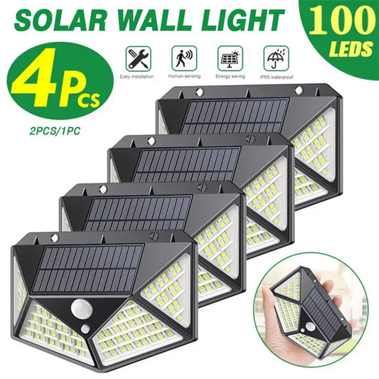 Refletor Solar Power Wall Light com sensor de movimento, 100 LED, 1 Pc, 2 Pcs, 4Pcs